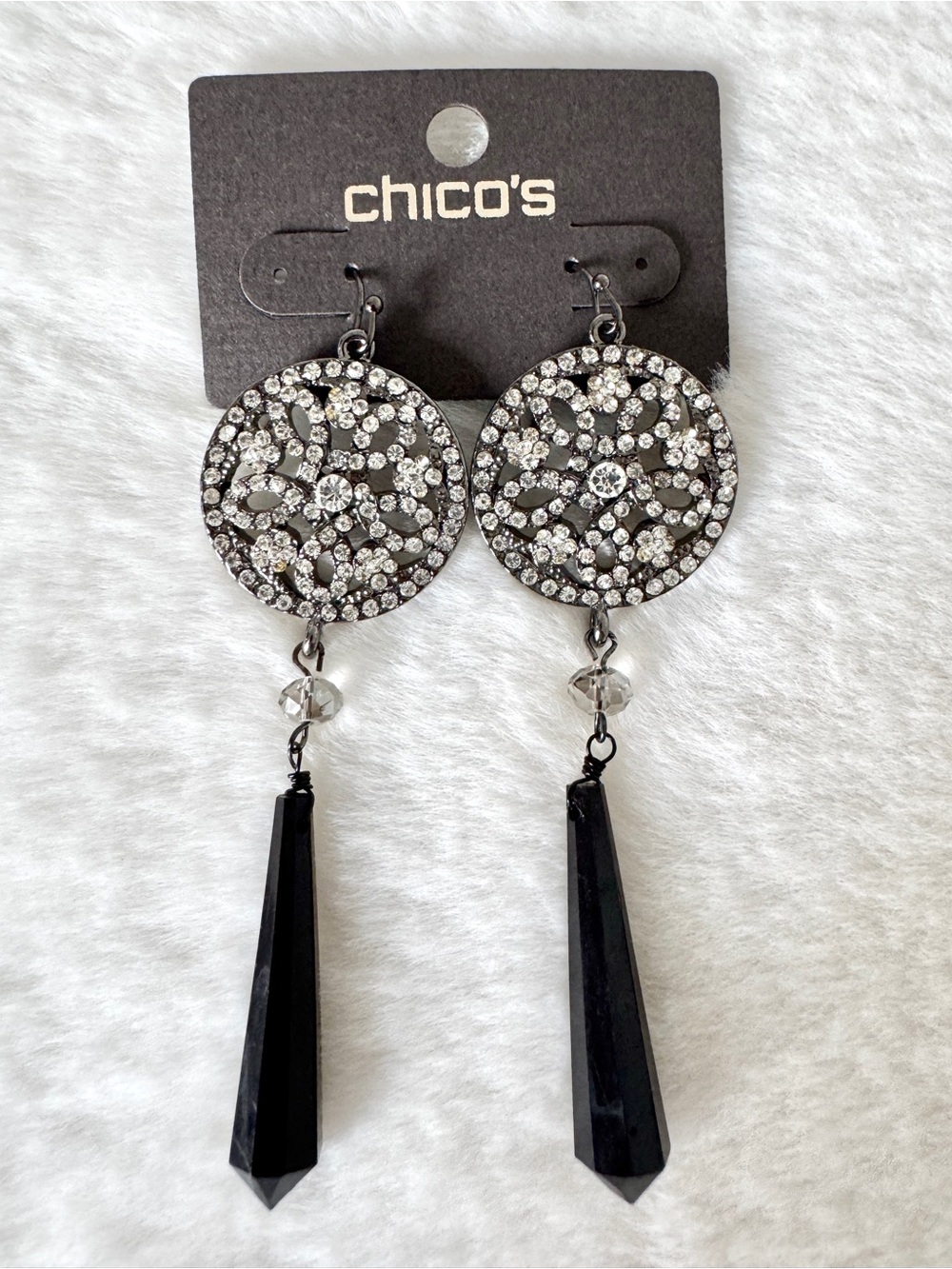 Chico's Crystal and Black Beaded Dangle Earrings - NWT
